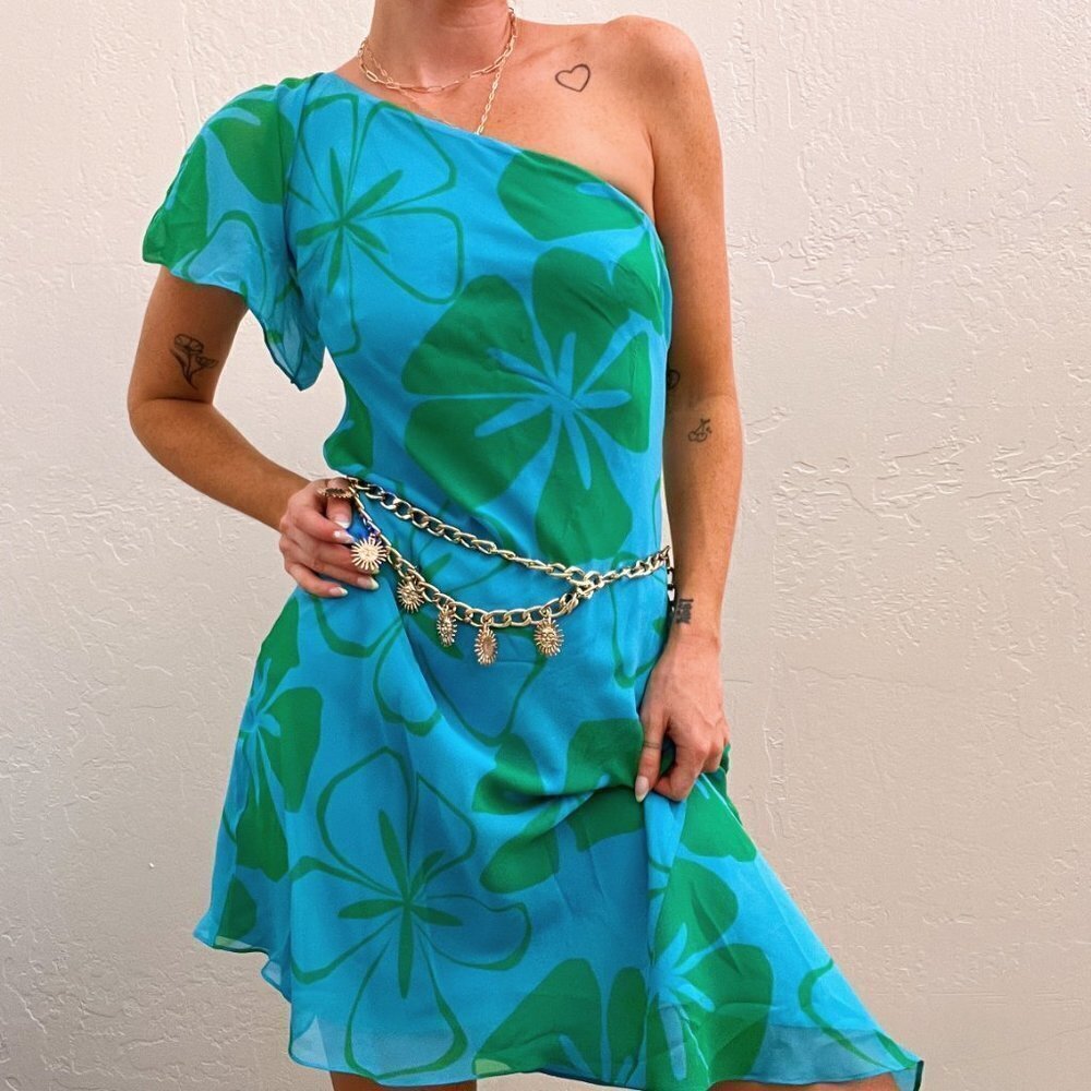 Summer '04 Y2K 100% Silk Blue Floral Asymmetric  One Shoulder Dress